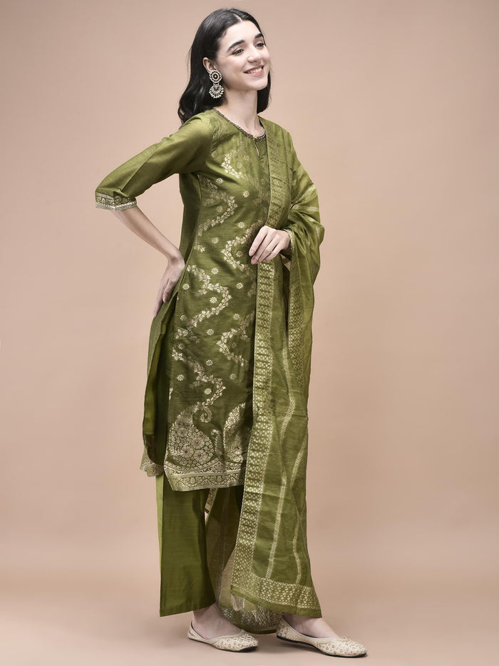 Women Jacquard Green Woven Kurta Comfort pant Dupatta.
