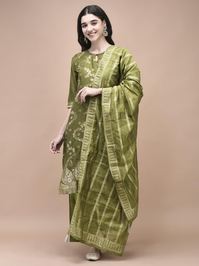 Women Jacquard Green Woven Kurta Comfort pant Dupatta.