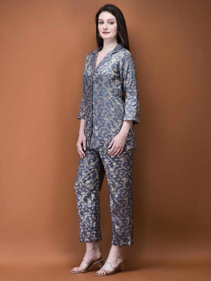Women Jacquard Grey Woven Co-Ord Set.