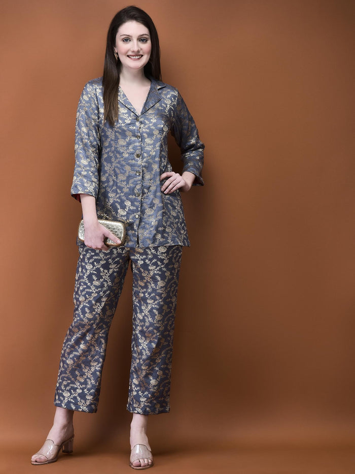 Women Jacquard Grey Woven Co-Ord Set.