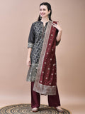 Women Jacquard Grey Woven Kurta Comfort Pant Dupatta.