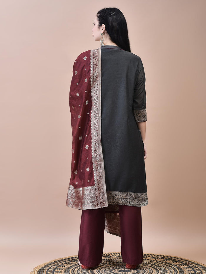 Women Jacquard Grey Woven Kurta Comfort Pant Dupatta.