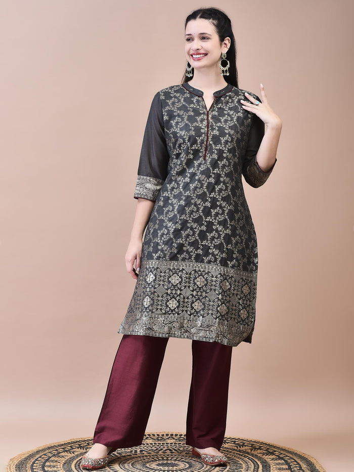 Women Jacquard Grey Woven Kurta Comfort Pant Dupatta.