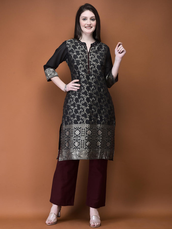 Women Jacquard Grey Woven Kurta With Comfort Pant.