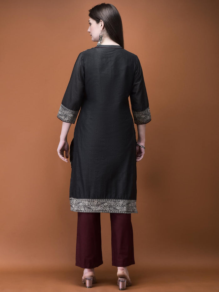 Women Jacquard Grey Woven Kurta With Comfort Pant.