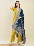 Women Jacquard Mustard Ornamental Print Kurta Comfort Pant Dupatta.