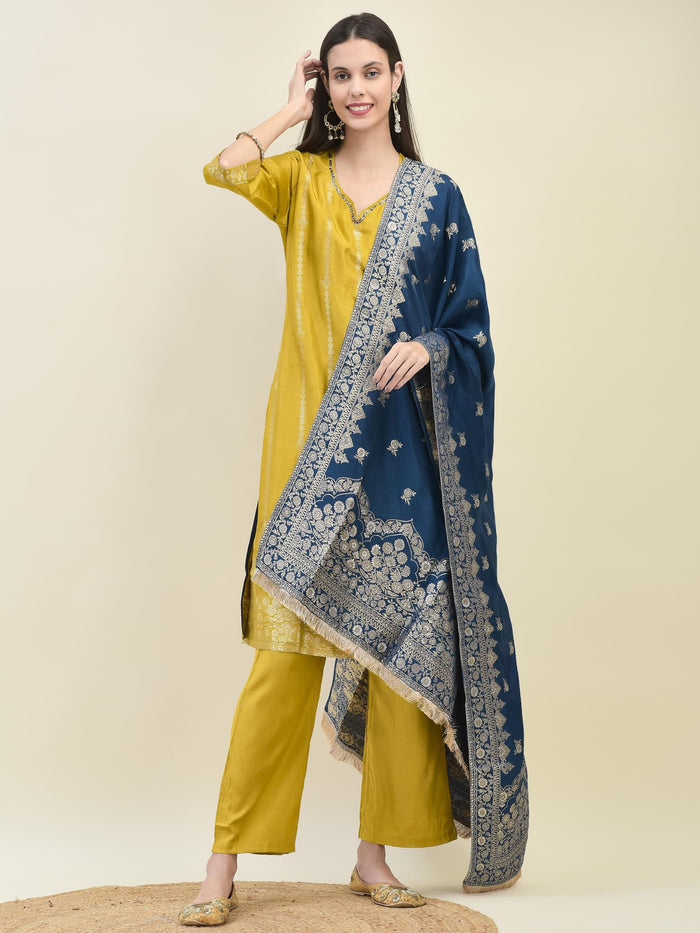 Women Jacquard Mustard Ornamental Print Kurta Comfort Pant Dupatta.
