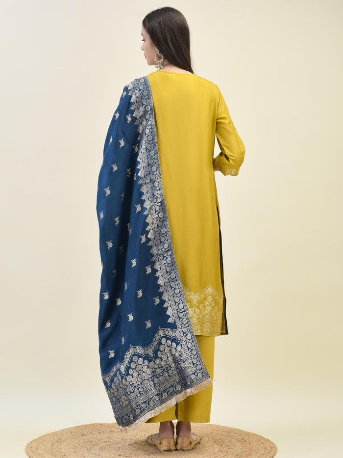 Women Jacquard Mustard Ornamental Print Kurta Comfort Pant Dupatta.