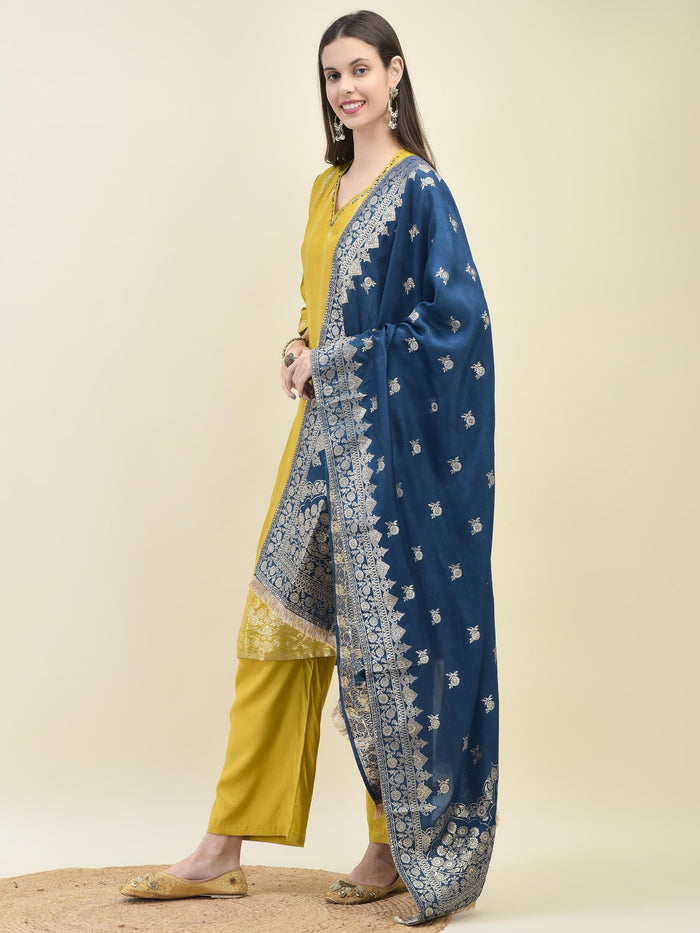 Women Jacquard Mustard Ornamental Print Kurta Comfort Pant Dupatta.