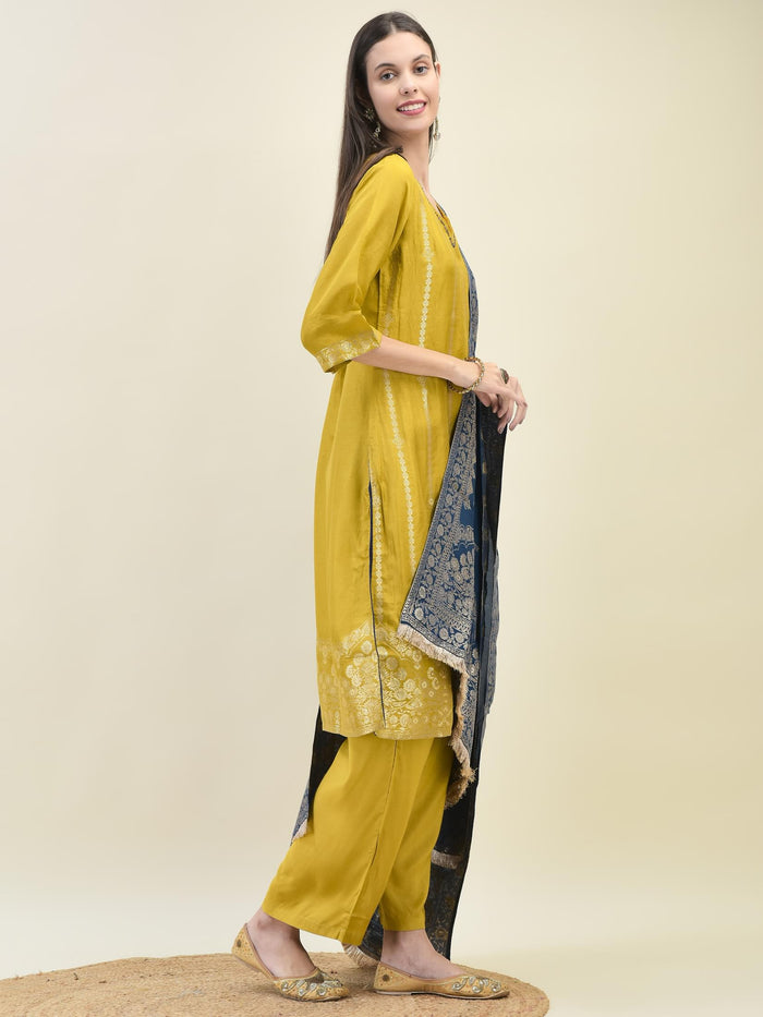 Women Jacquard Mustard Ornamental Print Kurta Comfort Pant Dupatta.