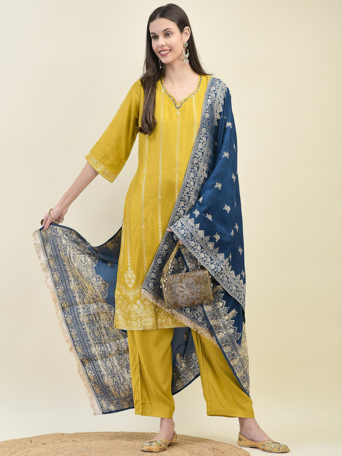 Women Jacquard Mustard Ornamental Print Kurta Comfort Pant Dupatta.