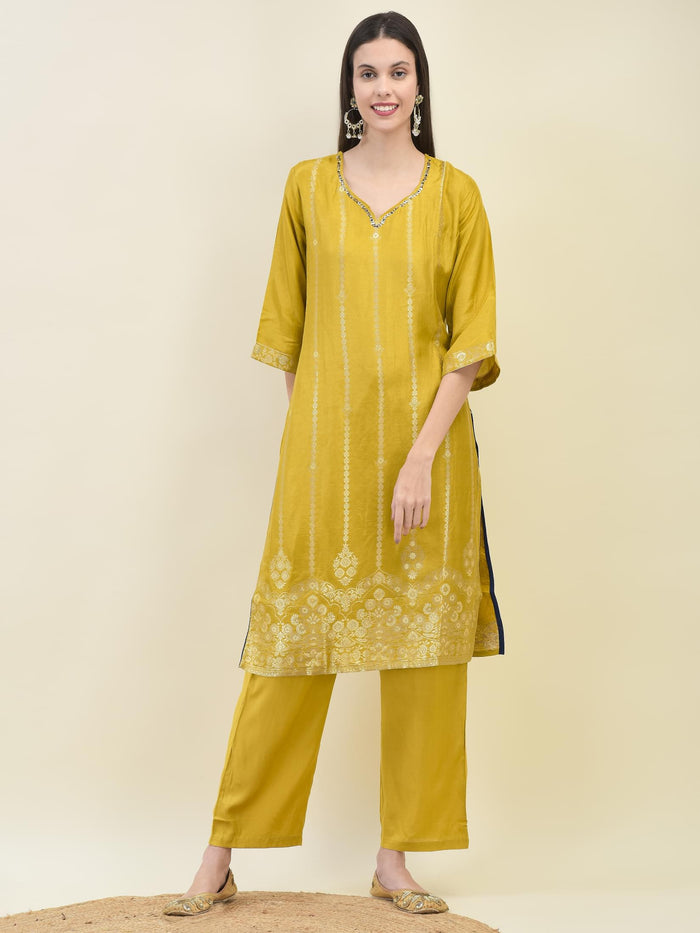 Women Jacquard Mustard Ornamental Print Kurta Comfort Pant Dupatta.