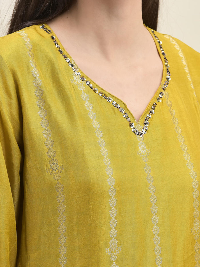 Women Jacquard Mustard Ornamental Print Kurta Comfort Pant Dupatta.