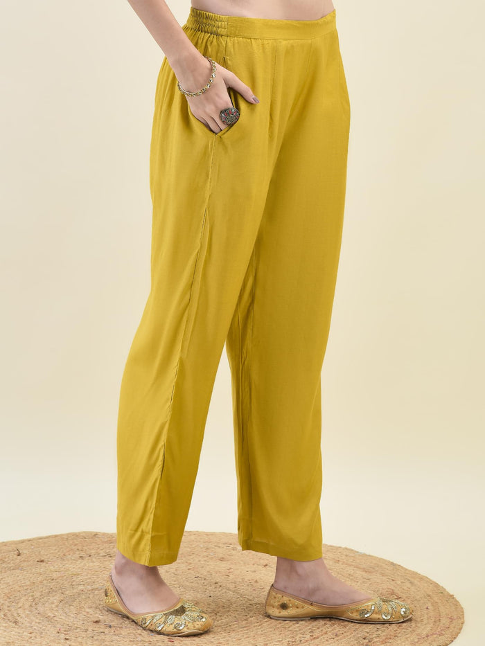 Women Jacquard Mustard Ornamental Print Kurta Comfort Pant Dupatta.