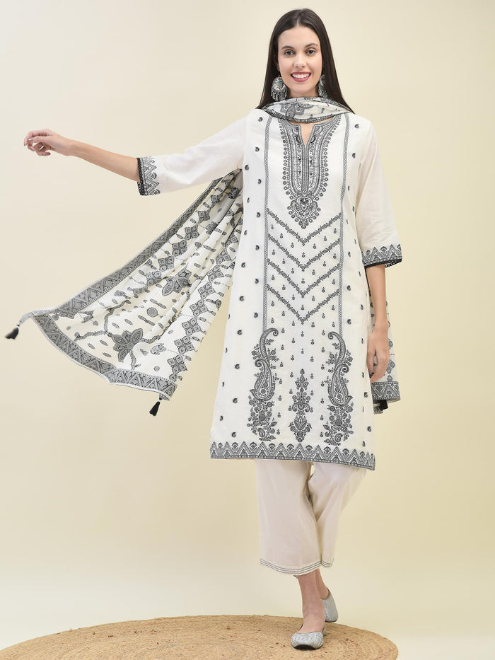 Women Jacquard Off White Solid Kurta Comfort Pant Dupatta.