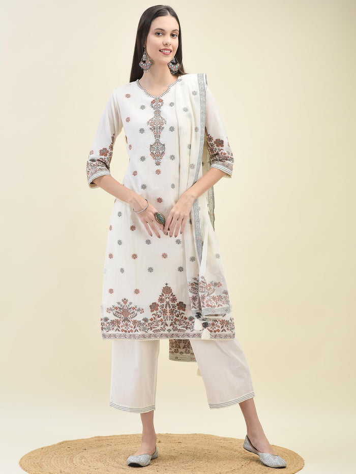 Women Jacquard Off White Solid Kurta Comfort Pant Dupatta.