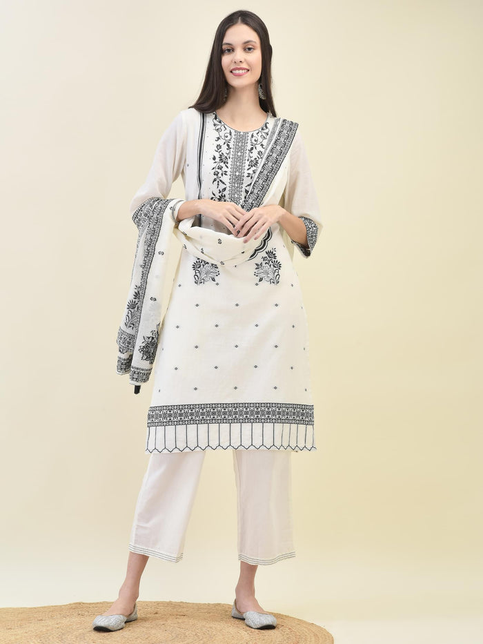Women Jacquard Off White Solid Kurta Comfort Pant Dupatta.