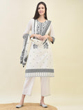 Women Jacquard Off White Solid Kurta Comfort Pant Dupatta.