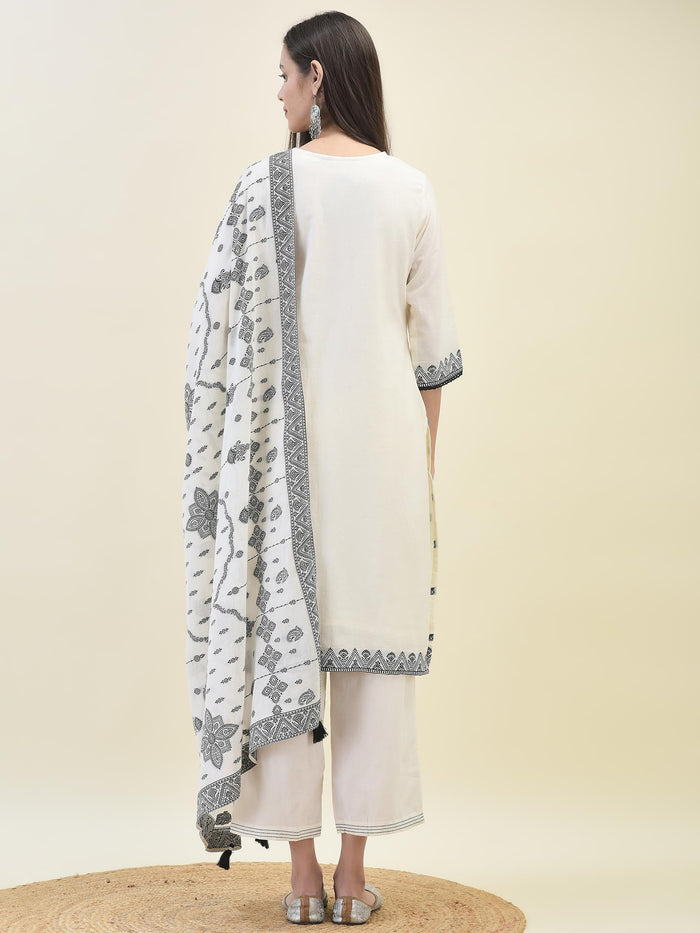 Women Jacquard Off White Solid Kurta Comfort Pant Dupatta.