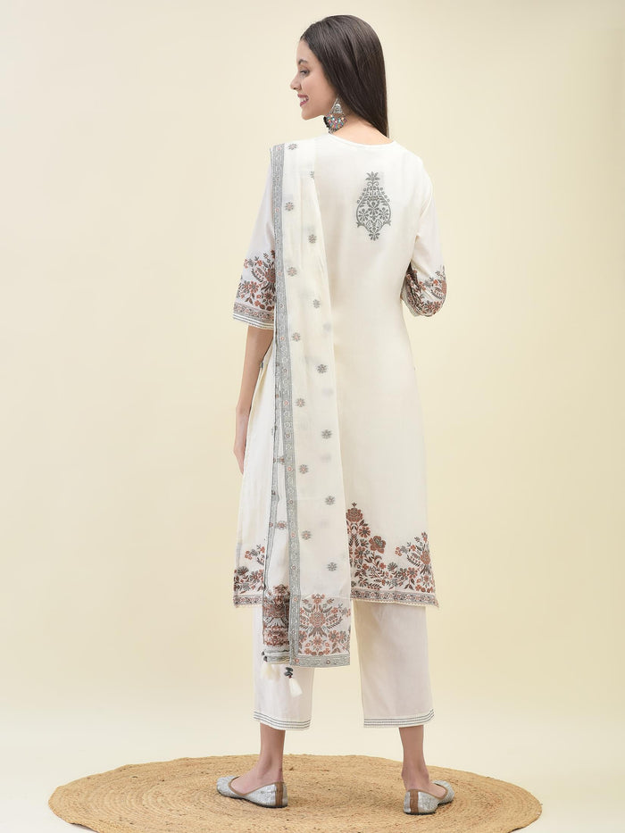 Women Jacquard Off White Solid Kurta Comfort Pant Dupatta.
