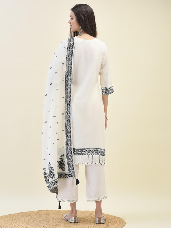 Women Jacquard Off White Solid Kurta Comfort Pant Dupatta.