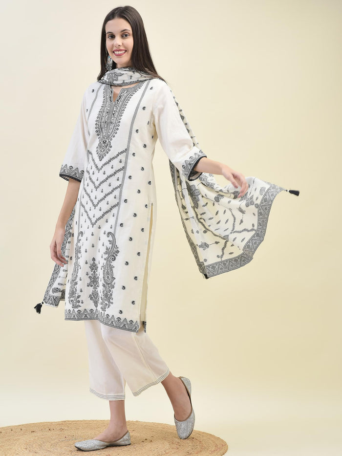 Women Jacquard Off White Solid Kurta Comfort Pant Dupatta.