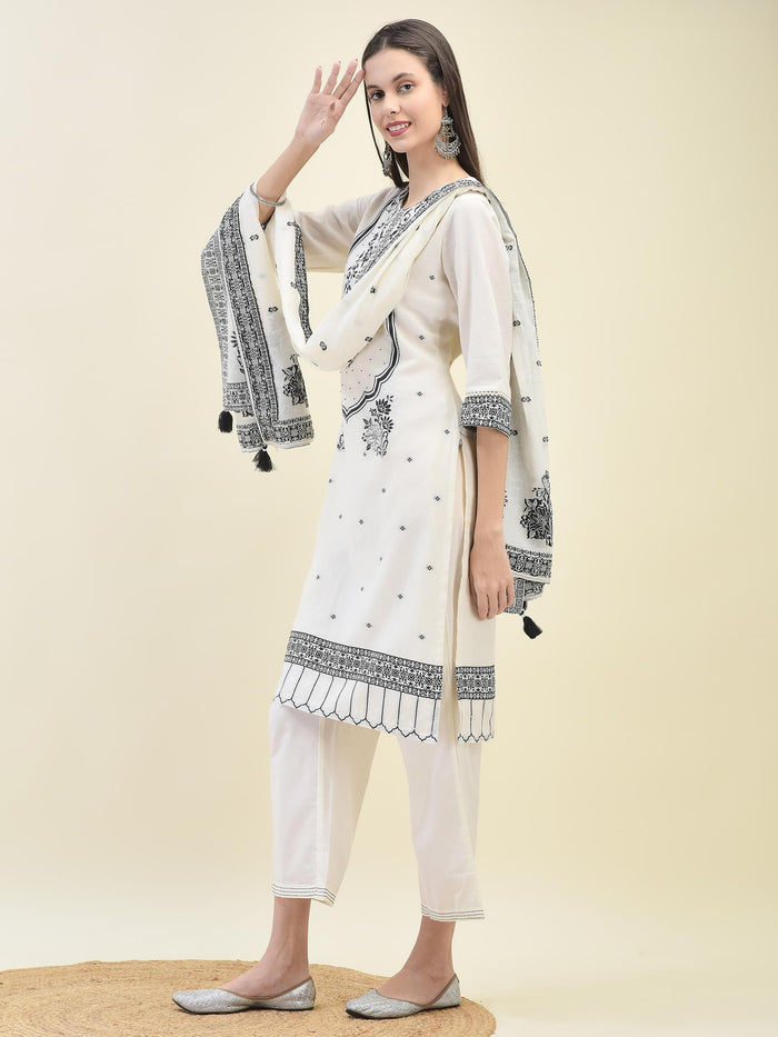 Women Jacquard Off White Solid Kurta Comfort Pant Dupatta.