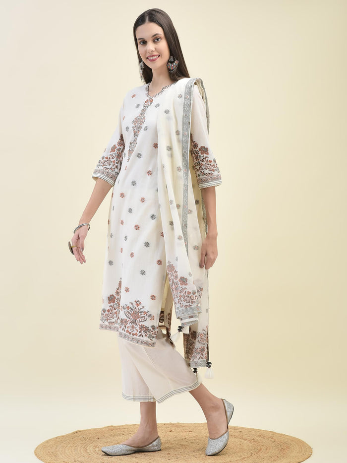 Women Jacquard Off White Solid Kurta Comfort Pant Dupatta.