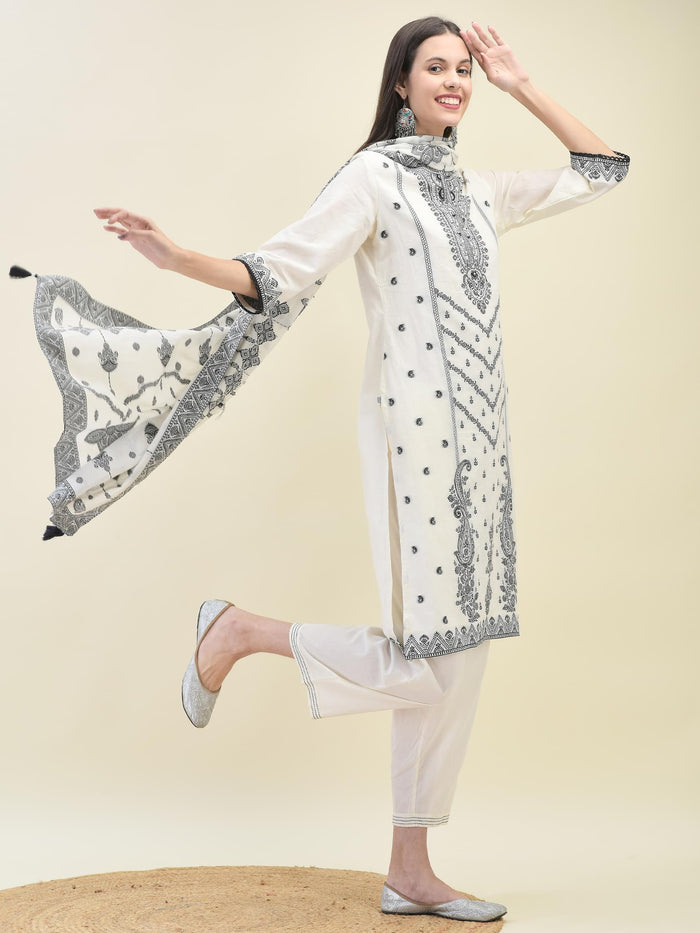 Women Jacquard Off White Solid Kurta Comfort Pant Dupatta.