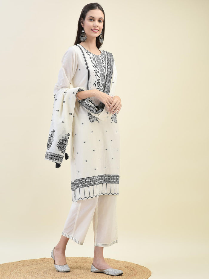 Women Jacquard Off White Solid Kurta Comfort Pant Dupatta.
