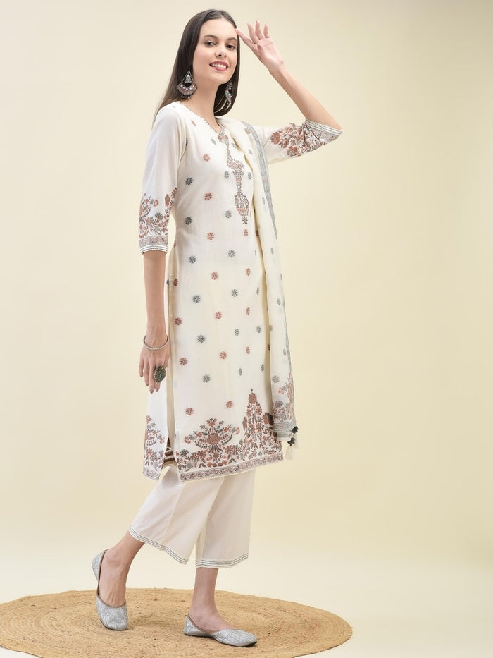 Women Jacquard Off White Solid Kurta Comfort Pant Dupatta.