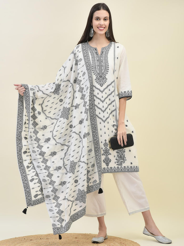 Women Jacquard Off White Solid Kurta Comfort Pant Dupatta.