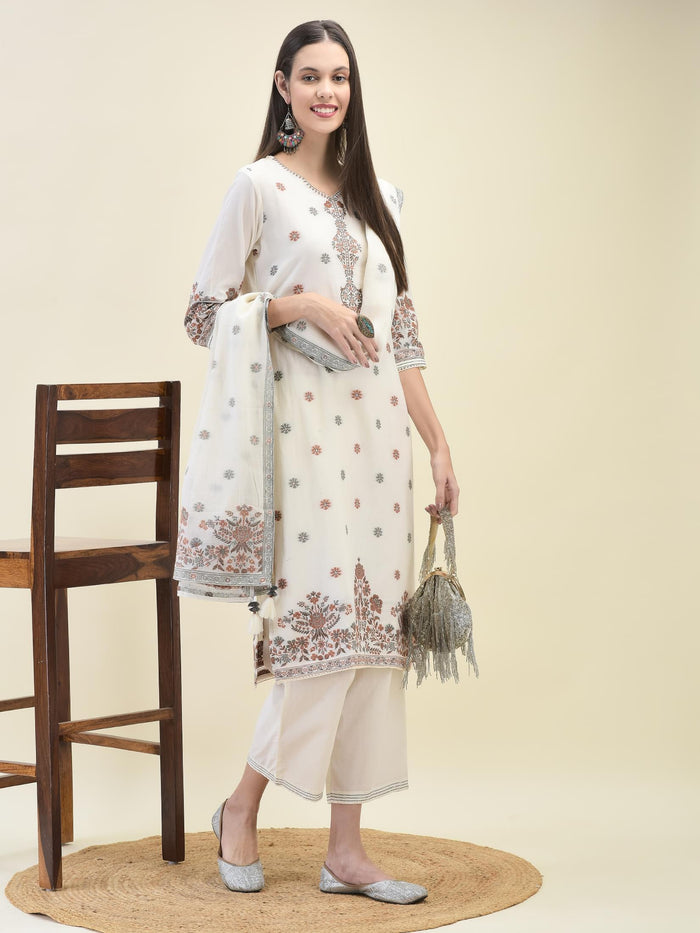 Women Jacquard Off White Solid Kurta Comfort Pant Dupatta.
