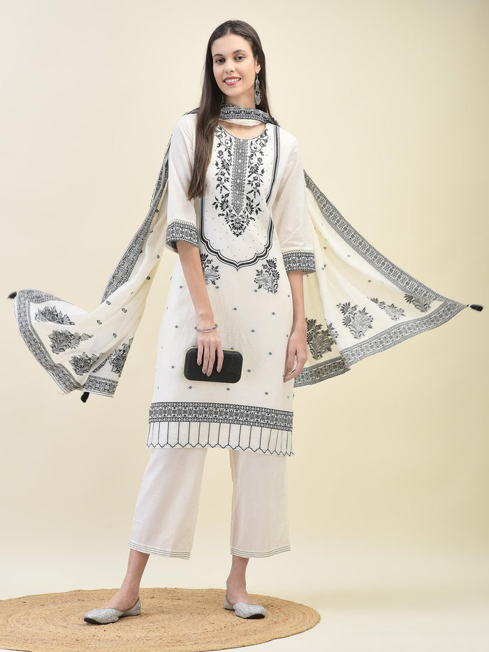 Women Jacquard Off White Solid Kurta Comfort Pant Dupatta.