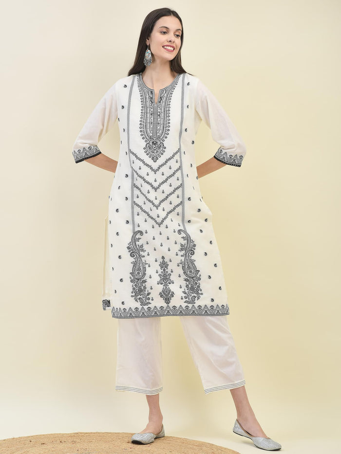 Women Jacquard Off White Solid Kurta Comfort Pant Dupatta.