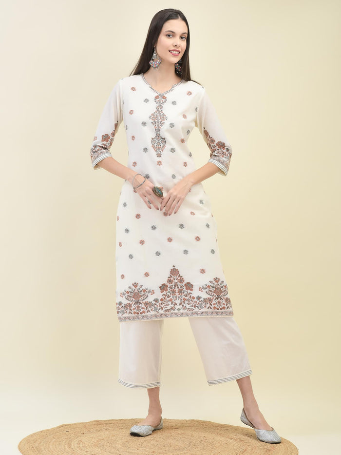 Women Jacquard Off White Solid Kurta Comfort Pant Dupatta.