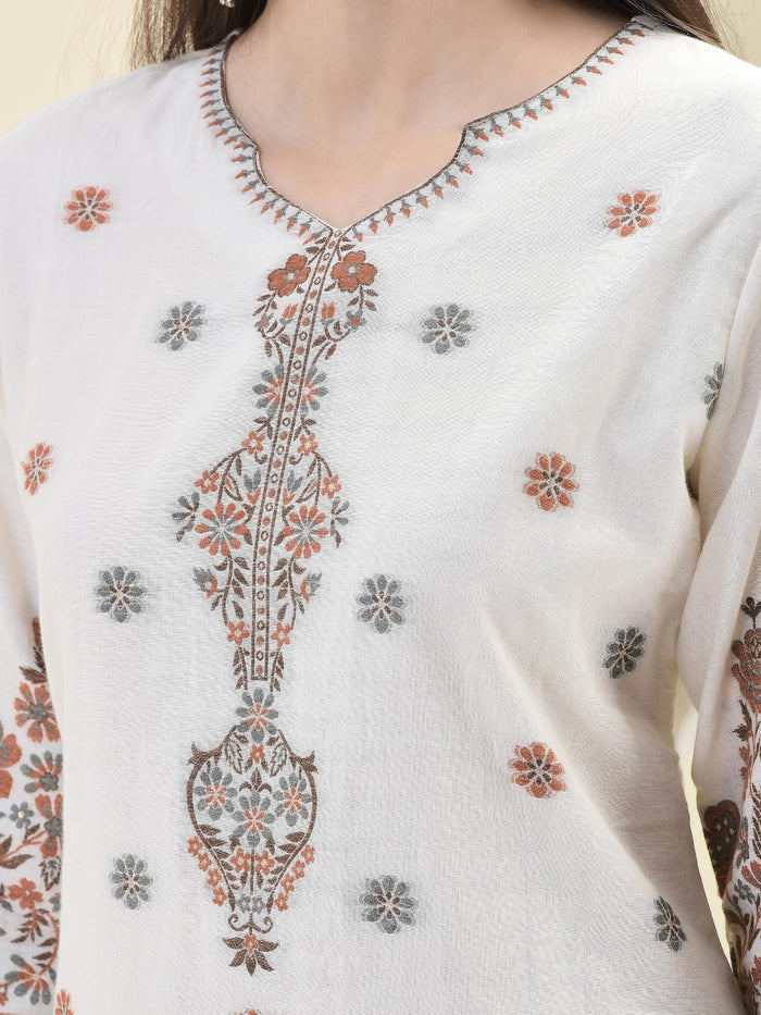 Women Jacquard Off White Solid Kurta Comfort Pant Dupatta.