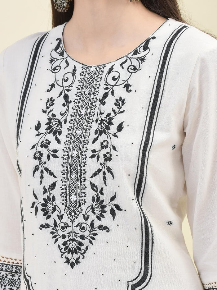Women Jacquard Off White Solid Kurta Comfort Pant Dupatta.