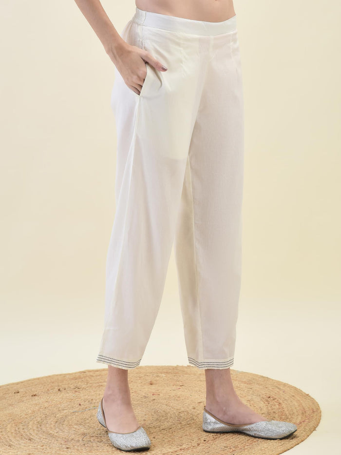 Women Jacquard Off White Solid Kurta Comfort Pant Dupatta.