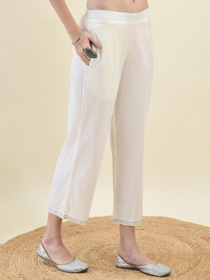 Women Jacquard Off White Solid Kurta Comfort Pant Dupatta.