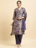 Women Jacquard Purple Ornamental Print Kurta Comfort Pant Dupatta.