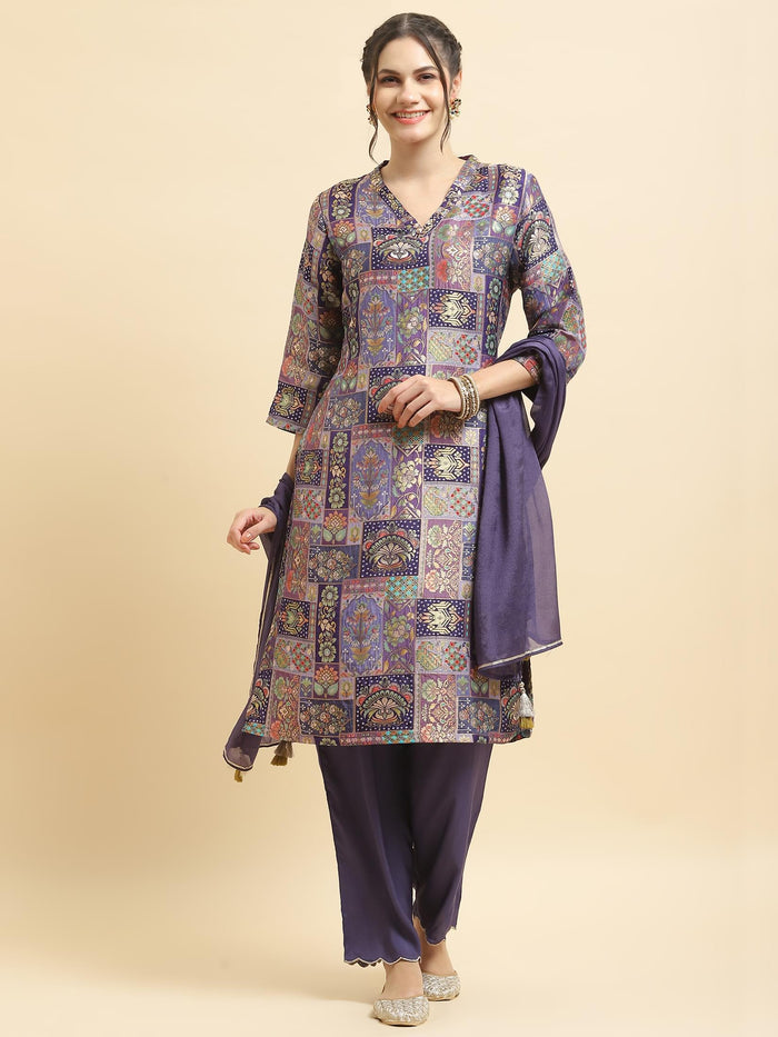 Women Jacquard Purple Ornamental Print Kurta Comfort Pant Dupatta.