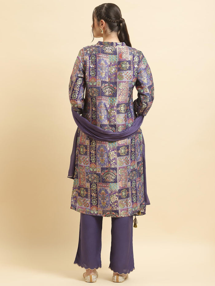 Women Jacquard Purple Ornamental Print Kurta Comfort Pant Dupatta.