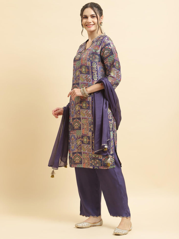 Women Jacquard Purple Ornamental Print Kurta Comfort Pant Dupatta.
