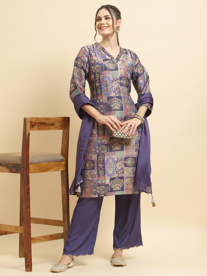 Women Jacquard Purple Ornamental Print Kurta Comfort Pant Dupatta.