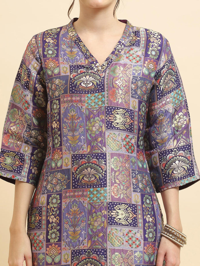 Women Jacquard Purple Ornamental Print Kurta Comfort Pant Dupatta.
