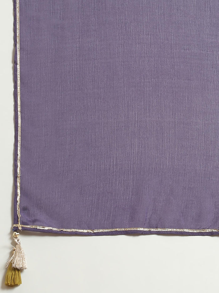 Women Jacquard Purple Ornamental Print Kurta Comfort Pant Dupatta.