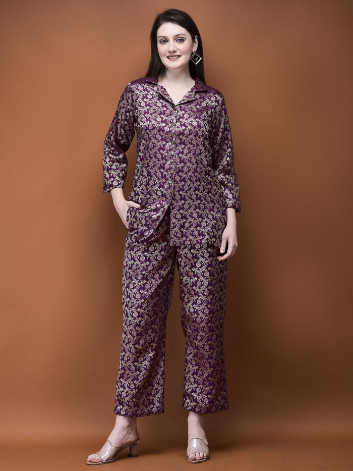 Women Jacquard Purple Woven Co-Ord Set.