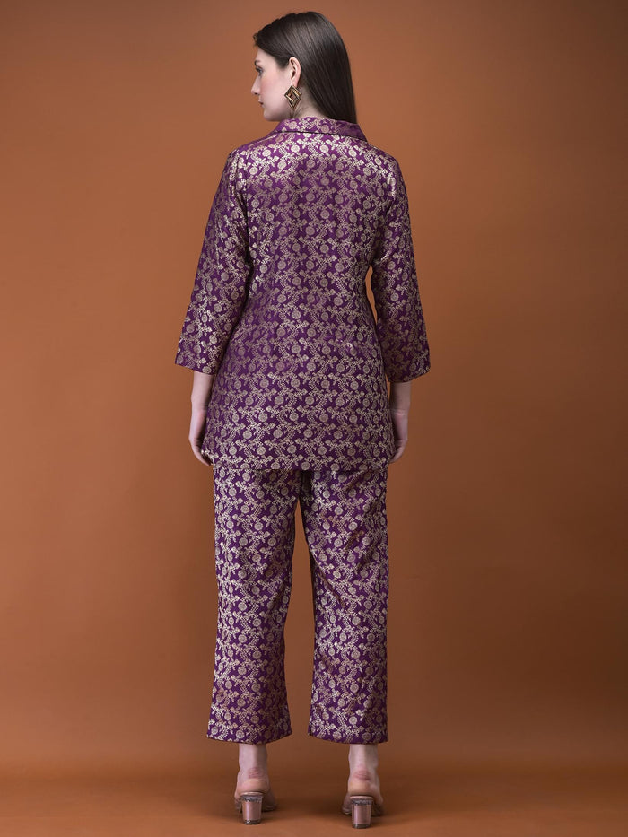 Women Jacquard Purple Woven Co-Ord Set.