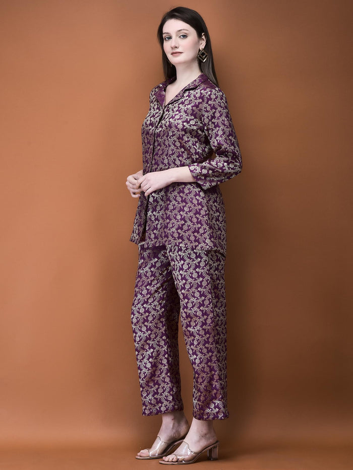 Women Jacquard Purple Woven Co-Ord Set.